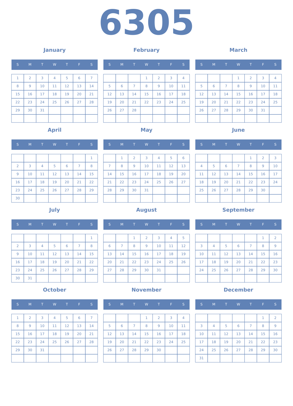 Printable 6305 Year Calendars glaucous