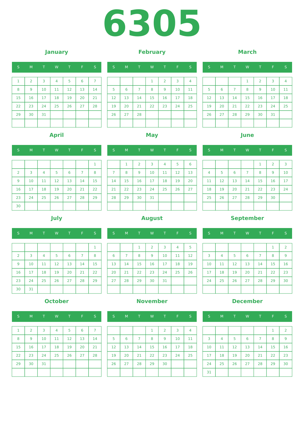 Printable 6305 Year Calendars green