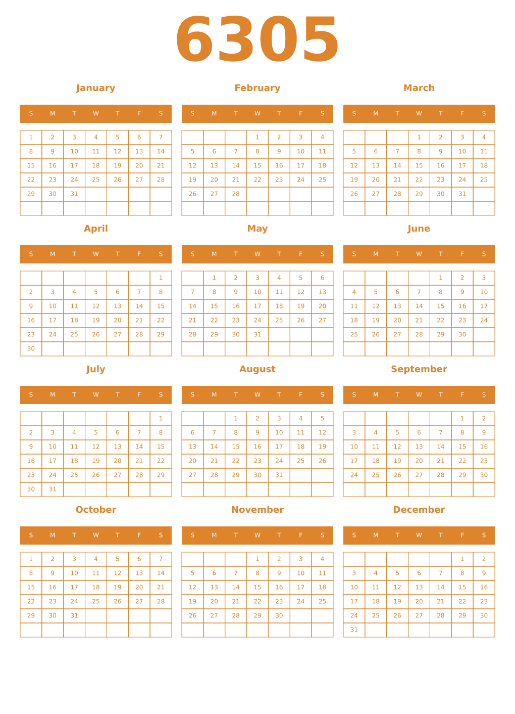 Printable 6305 Year Calendars orange