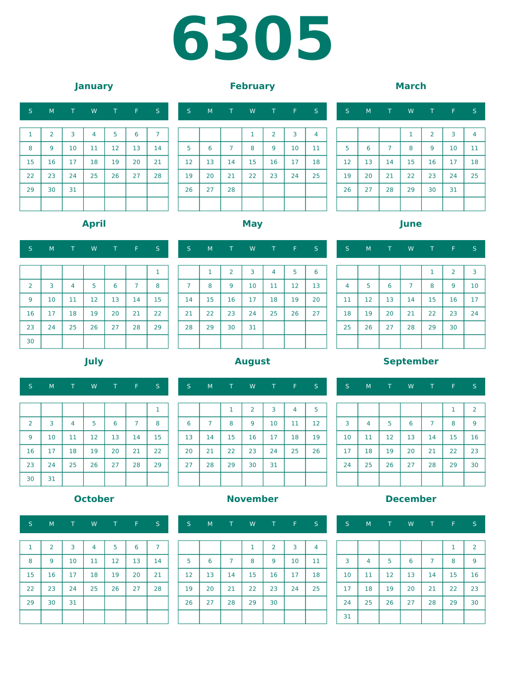Printable 6305 Year Calendars pastel