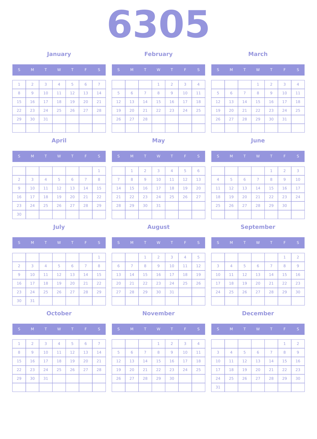 Printable 6305 Year Calendars periwinkle