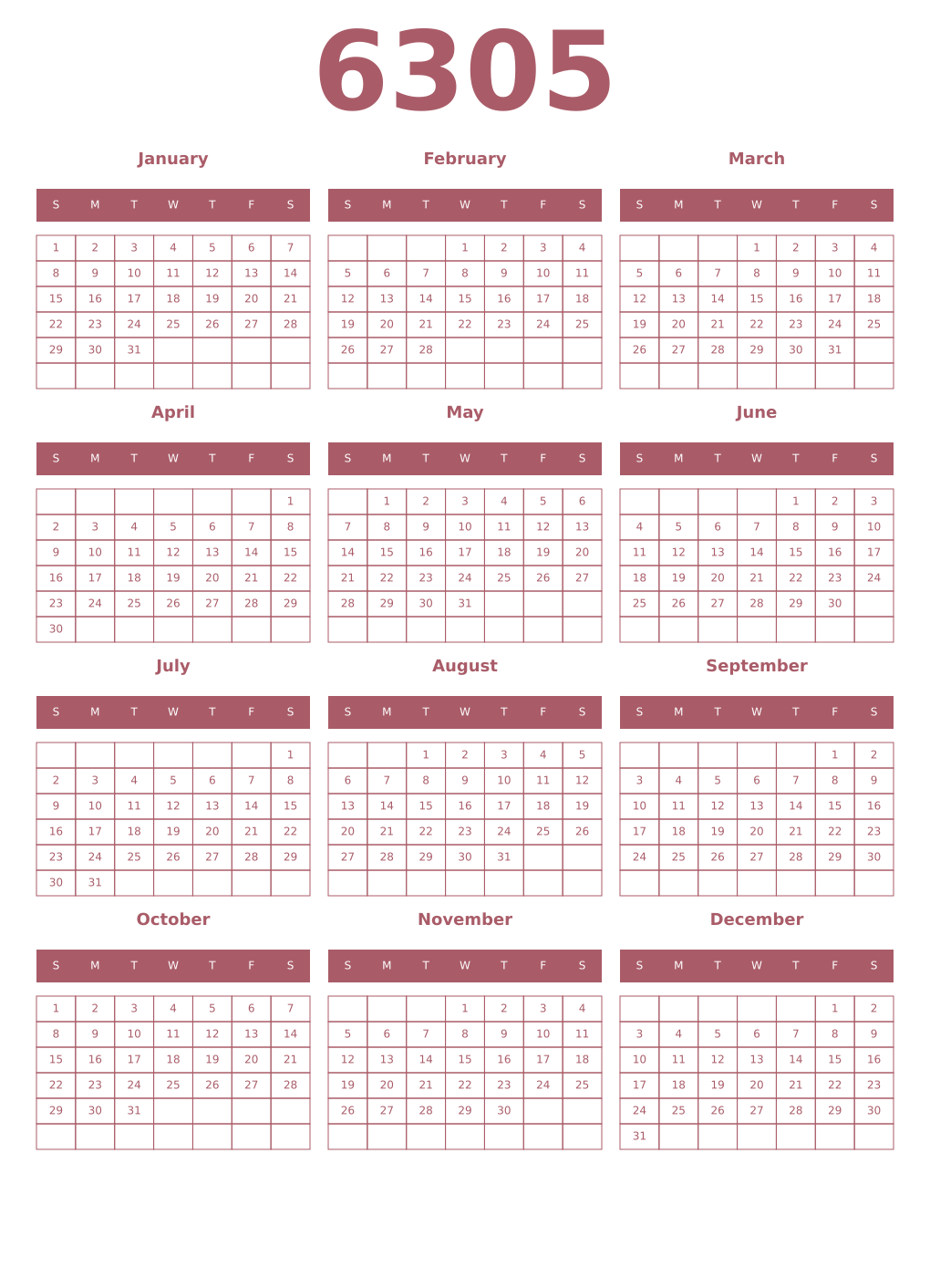 Printable 6305 Year Calendars puce