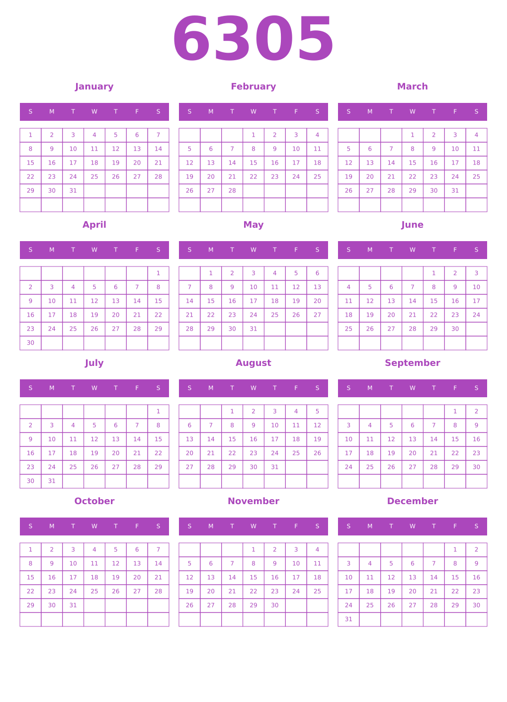 Printable 6305 Year Calendars purple