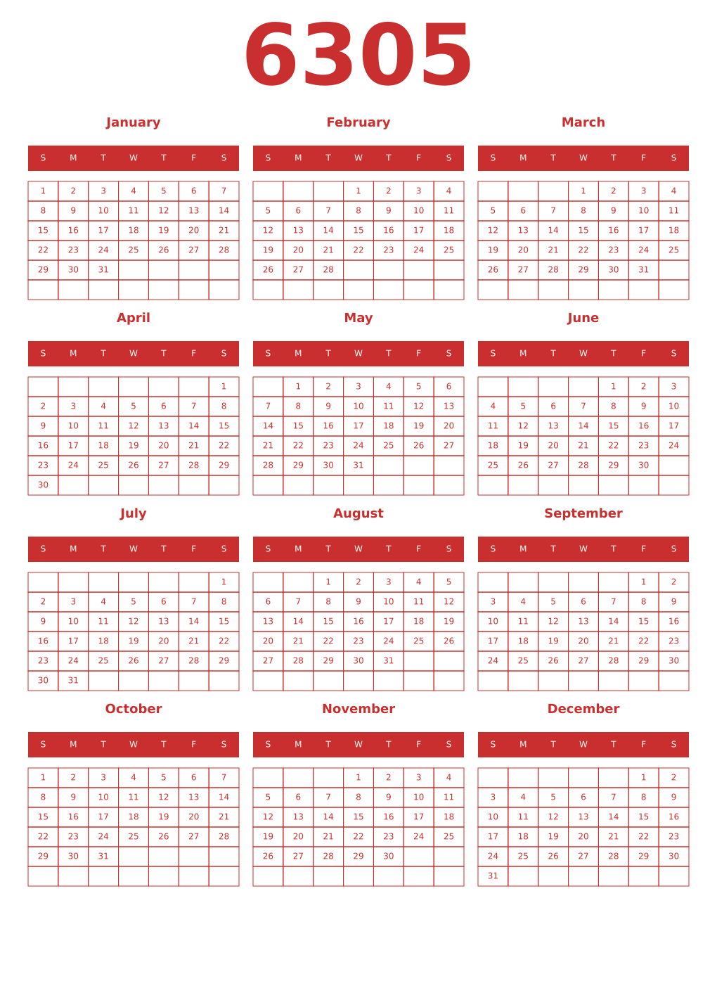 Printable 6305 Year Calendars red