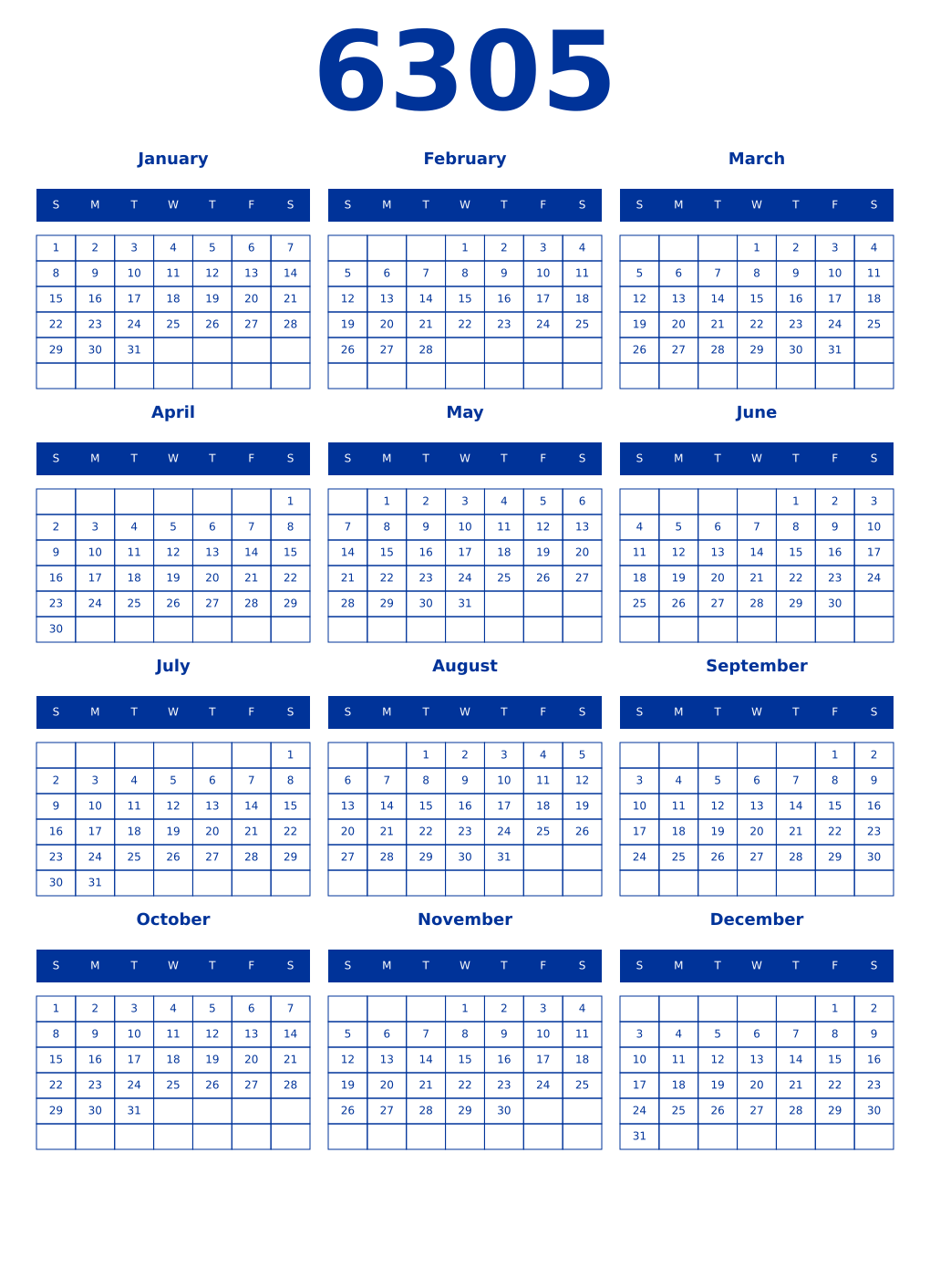 Printable 6305 Year Calendars smalt
