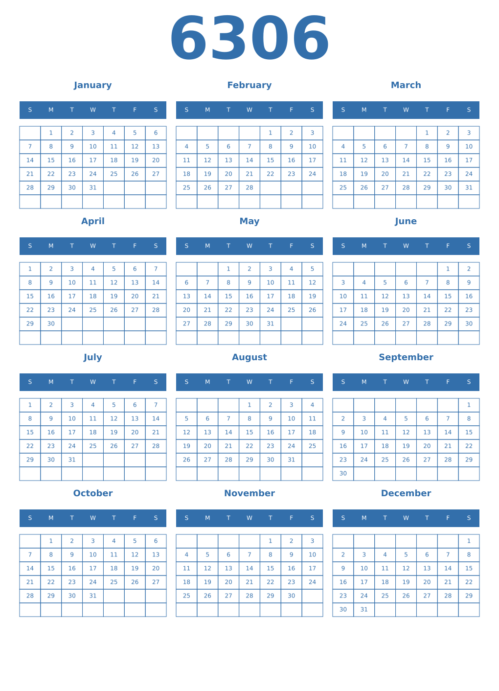 Printable 6306 Year Calendars blue