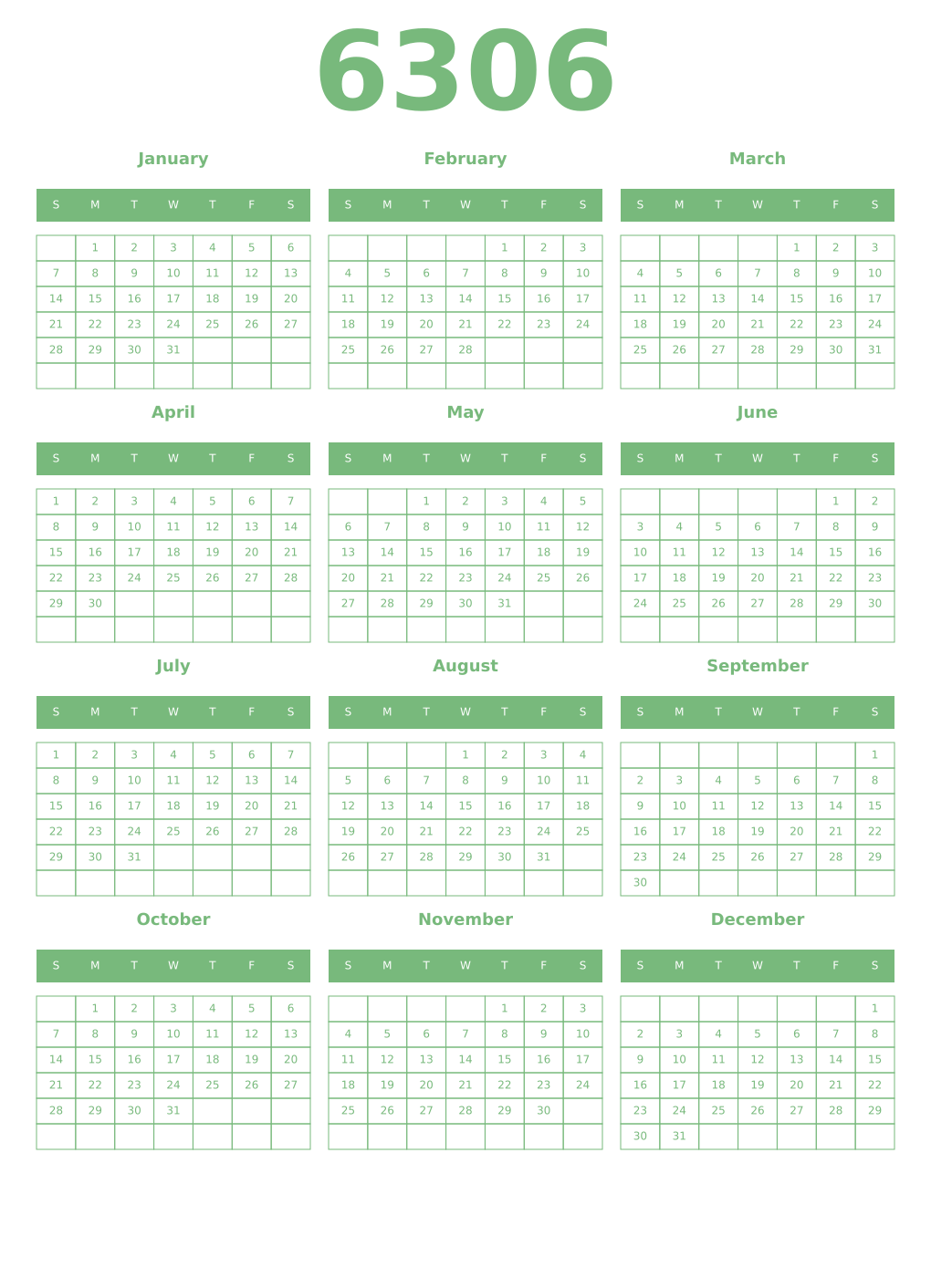 Printable 6306 Year Calendars celadon