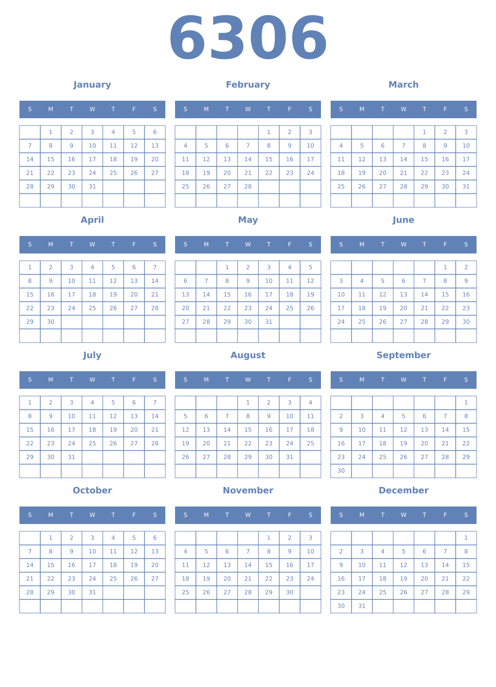 Printable 6306 Year Calendars glaucous