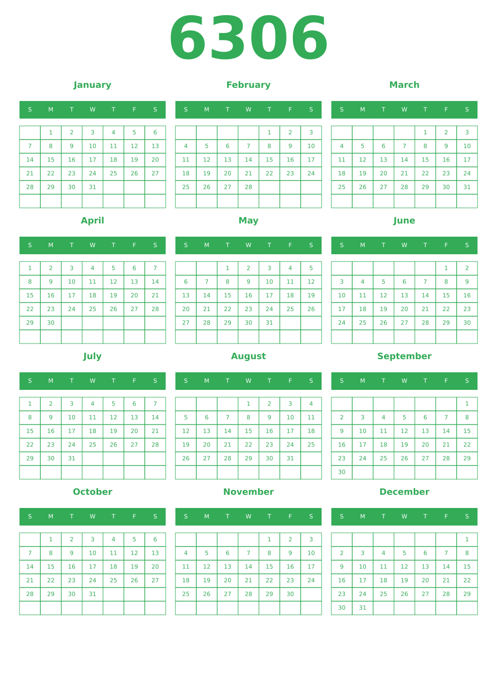 Printable 6306 Year Calendars green