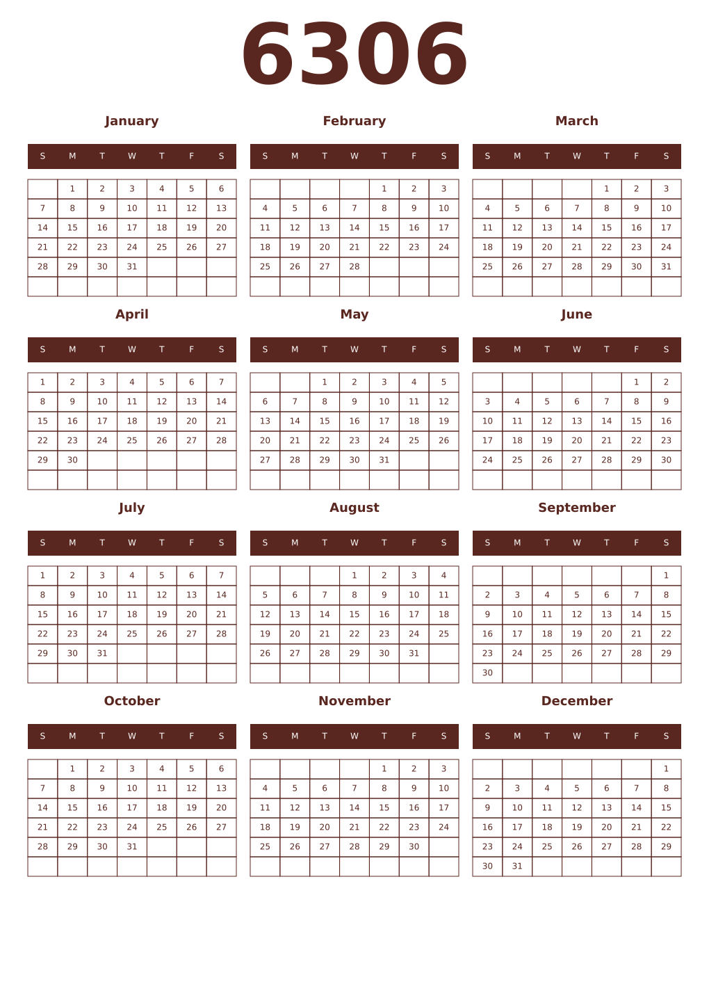 Printable 6306 Year Calendars mortuum