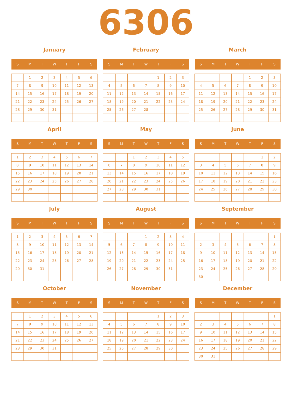 Printable 6306 Year Calendars orange