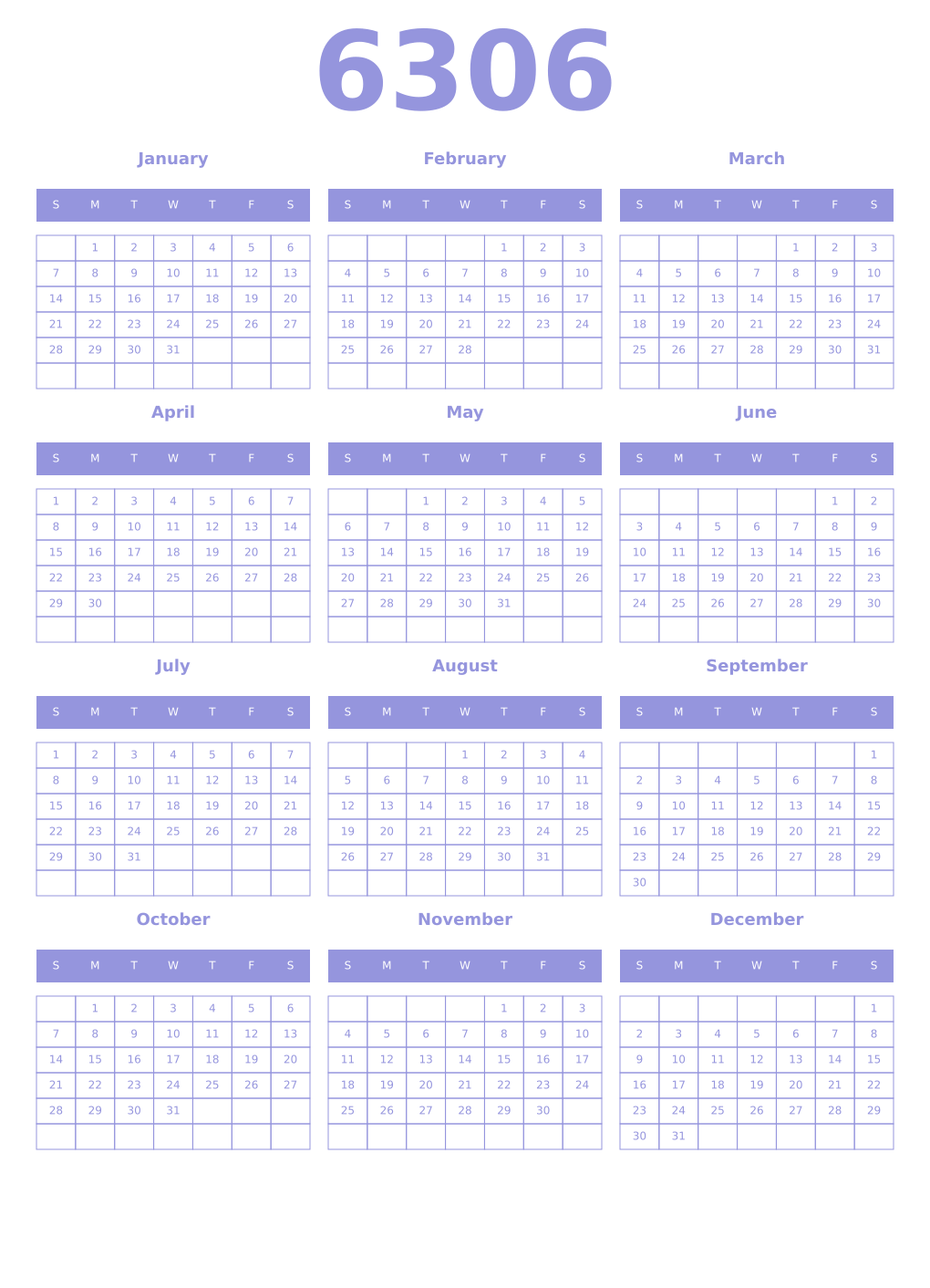 Printable 6306 Year Calendars periwinkle
