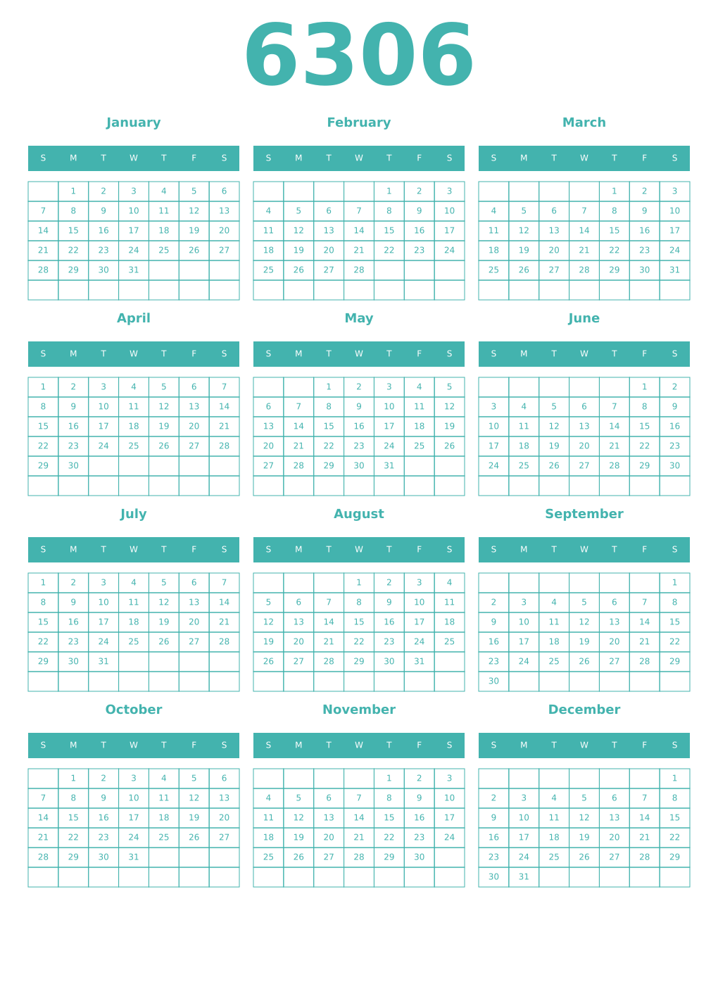 Printable 6306 Year Calendars verdigris