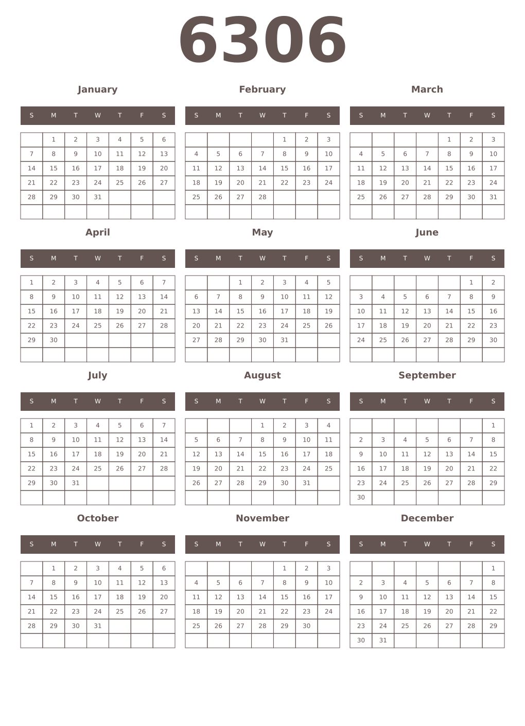 Printable 6306 Year Calendars wenge