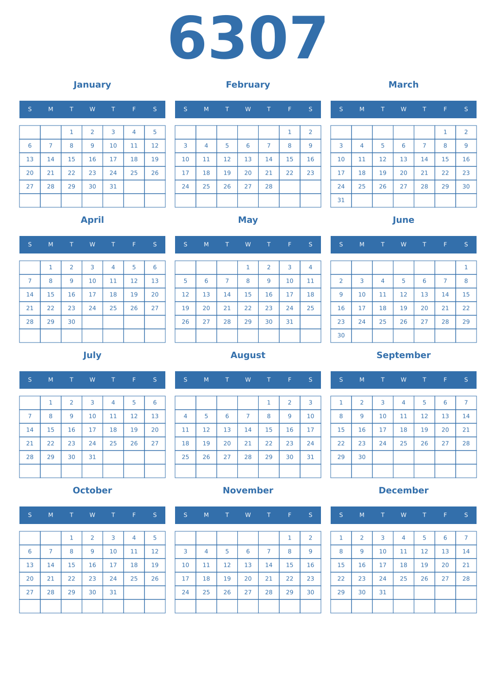 Printable 6307 Year Calendars blue