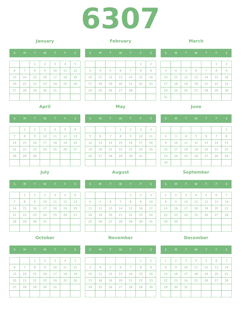 Printable 6307 Year Calendars celadon