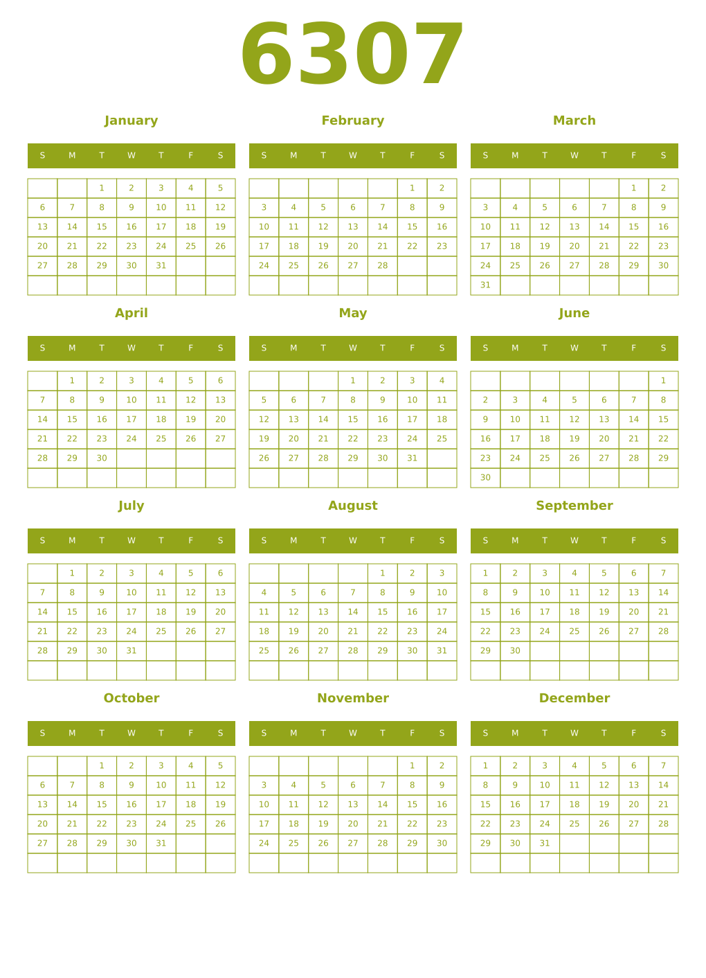 Printable 6307 Year Calendars chartreuse