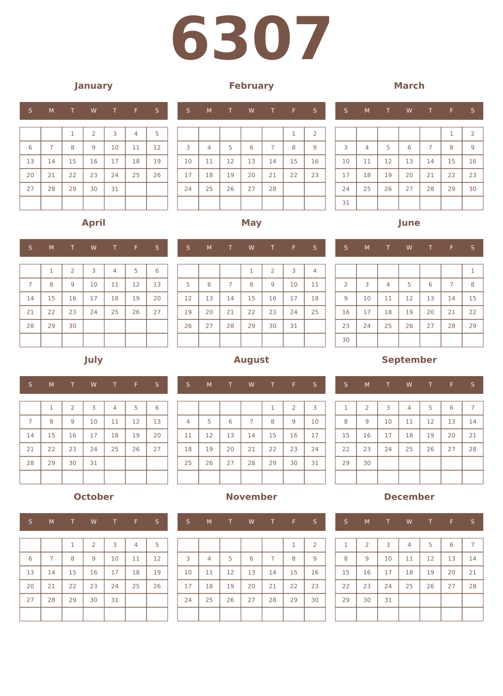 Printable 6307 Year Calendars coffe