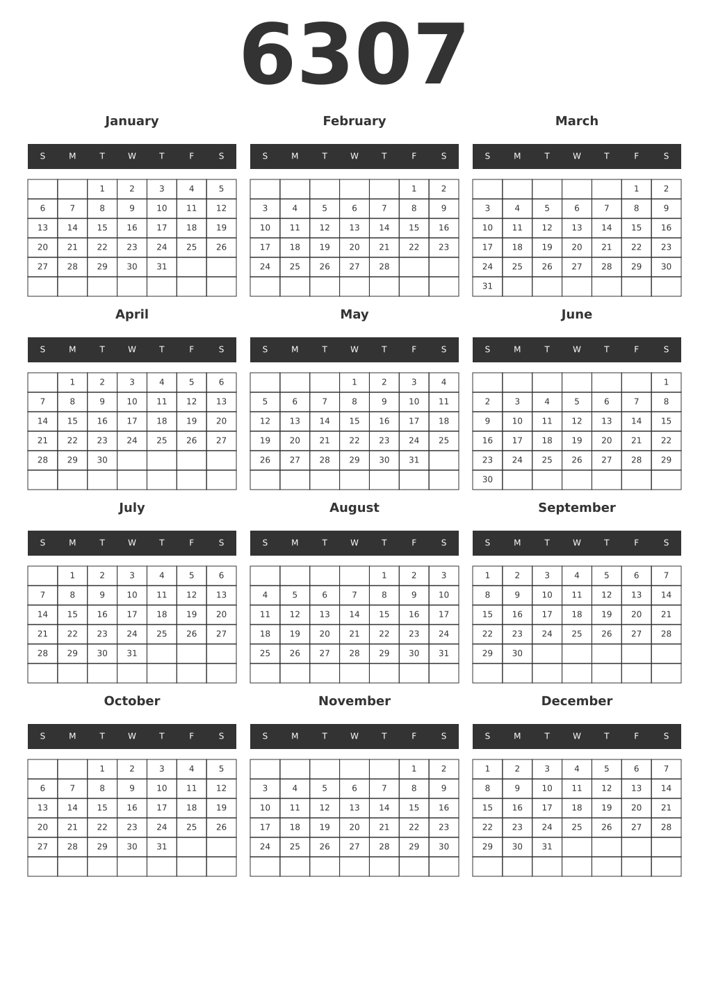 Printable 6307 Year Calendars dark