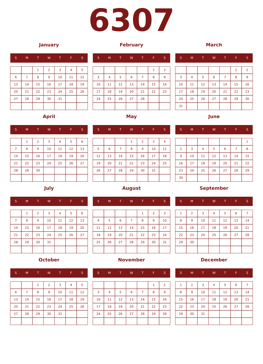 Printable 6307 Year Calendars falu
