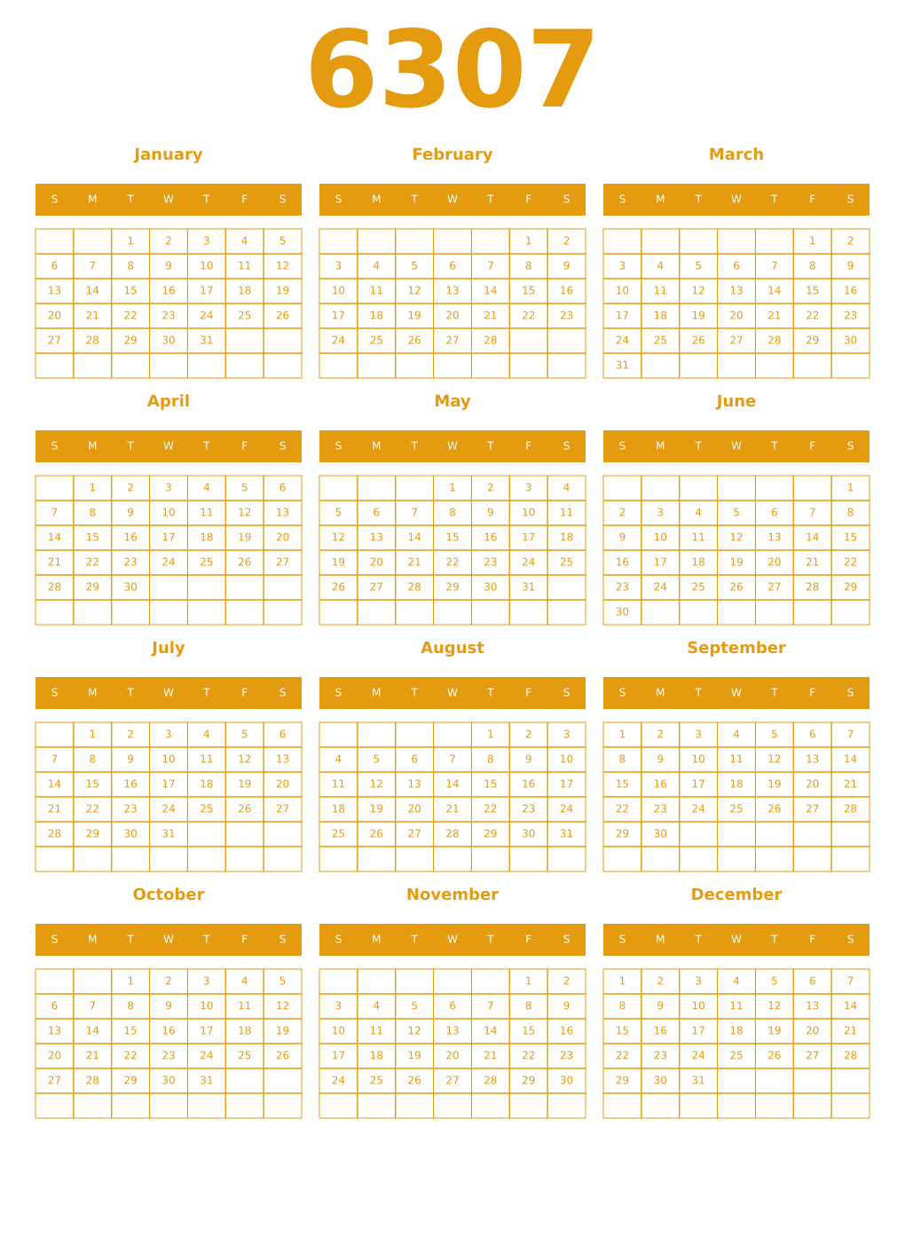 Printable 6307 Year Calendars gamboge
