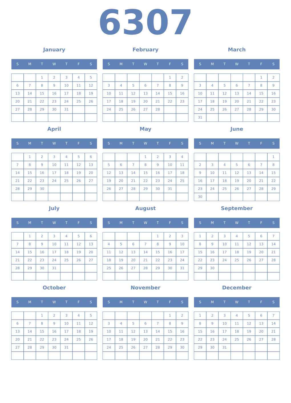 Printable 6307 Year Calendars glaucous