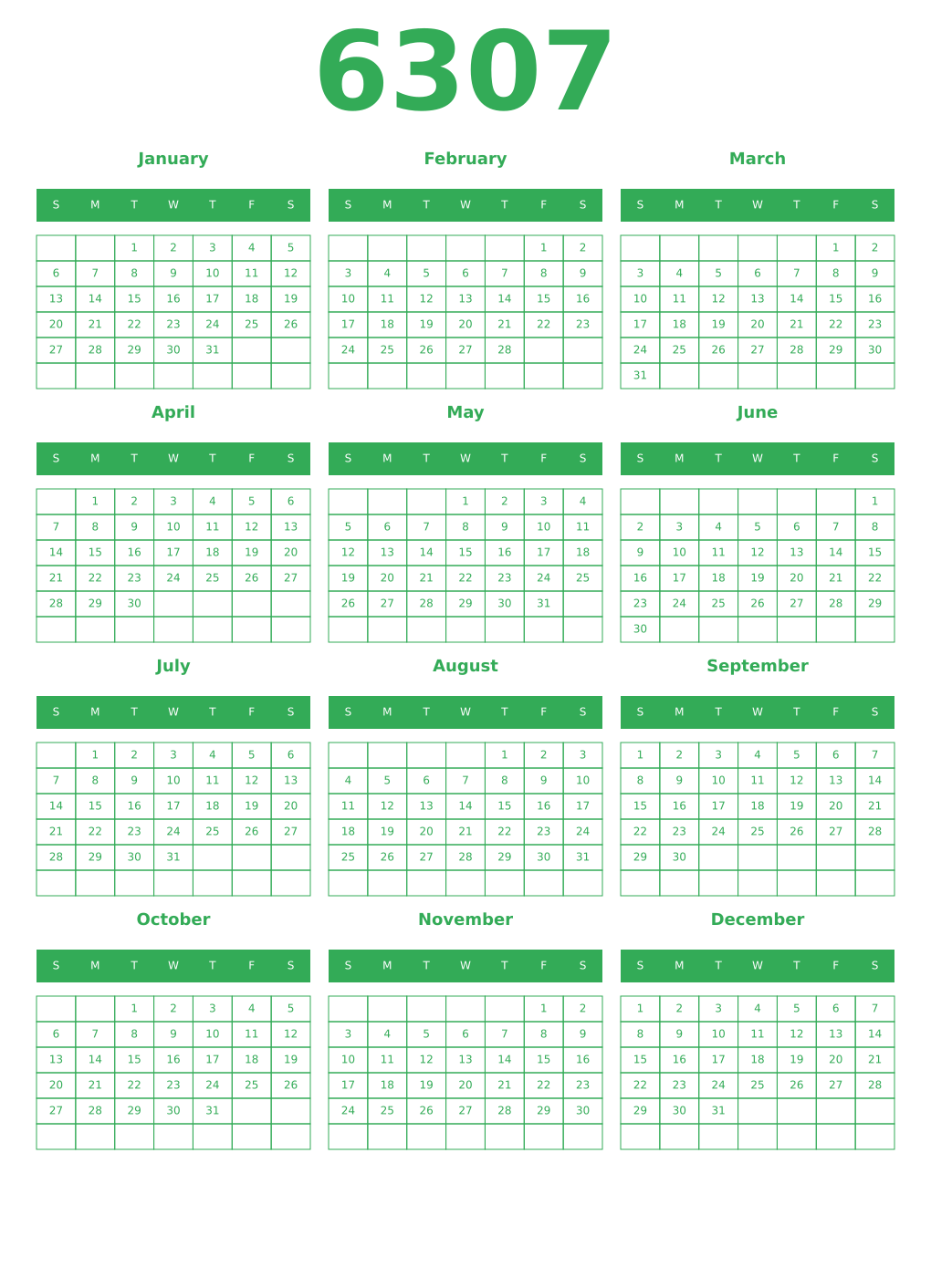 Printable 6307 Year Calendars green