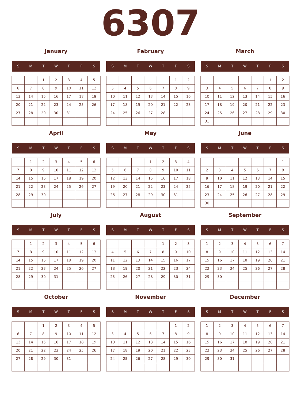 Printable 6307 Year Calendars mortuum
