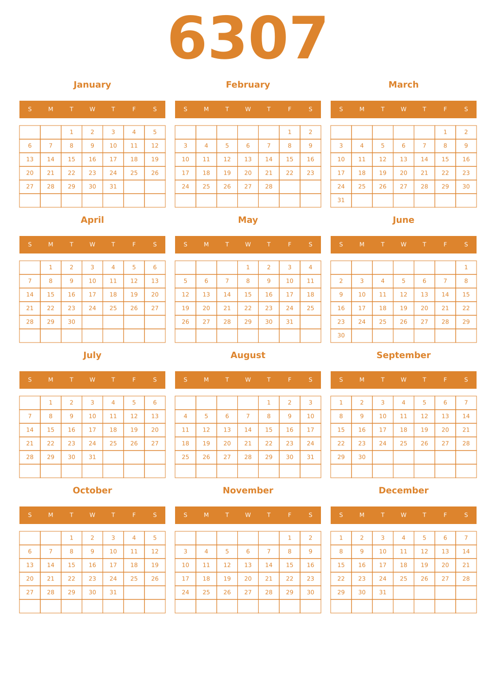 Printable 6307 Year Calendars orange