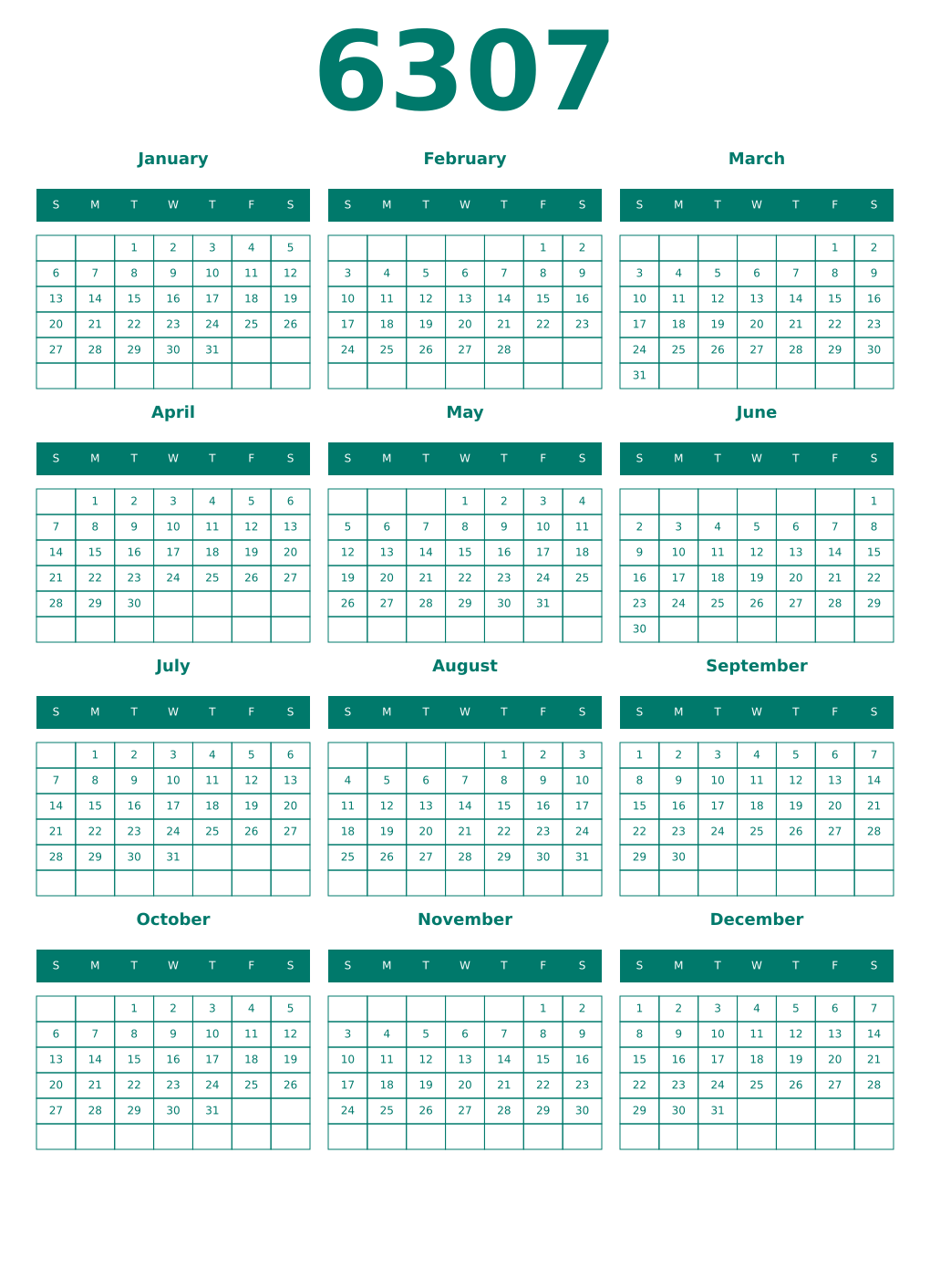 Printable 6307 Year Calendars pastel