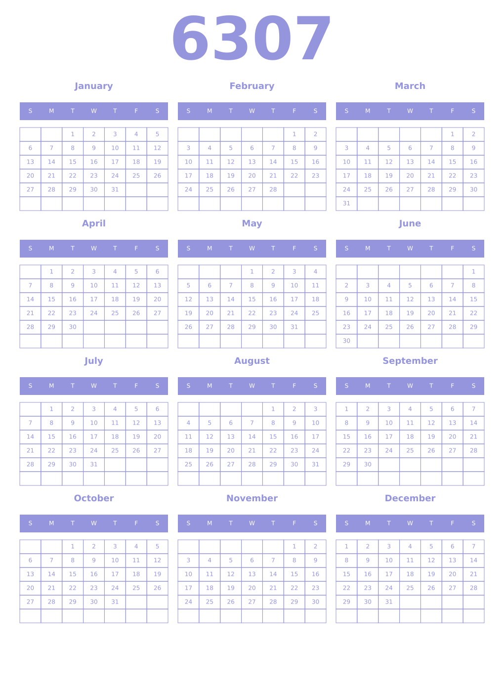 Printable 6307 Year Calendars periwinkle