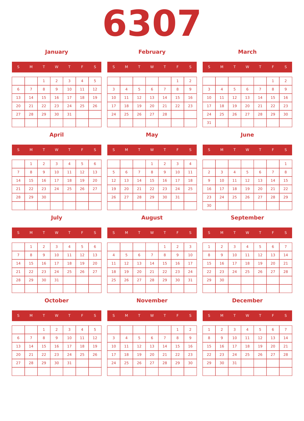 Printable 6307 Year Calendars red