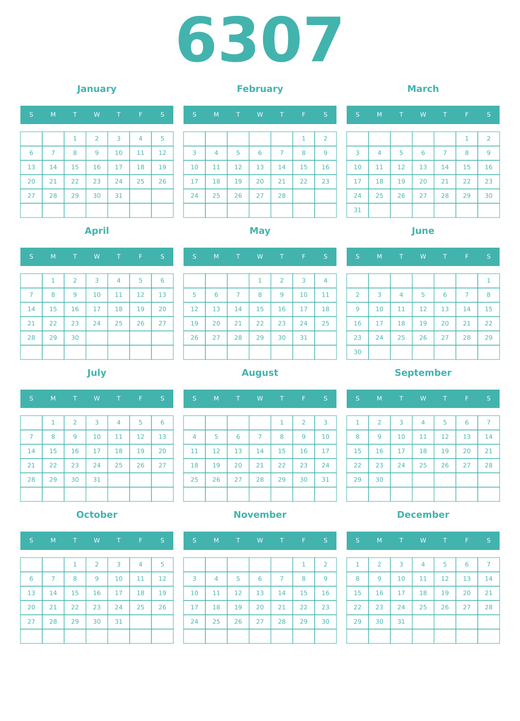 Printable 6307 Year Calendars verdigris