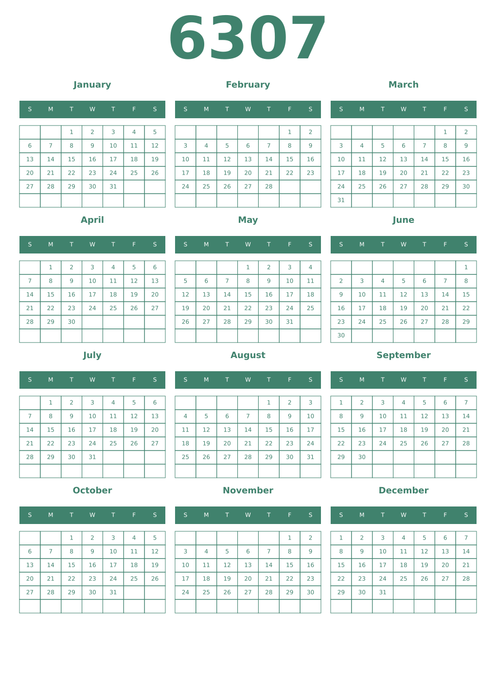Printable 6307 Year Calendars viridian