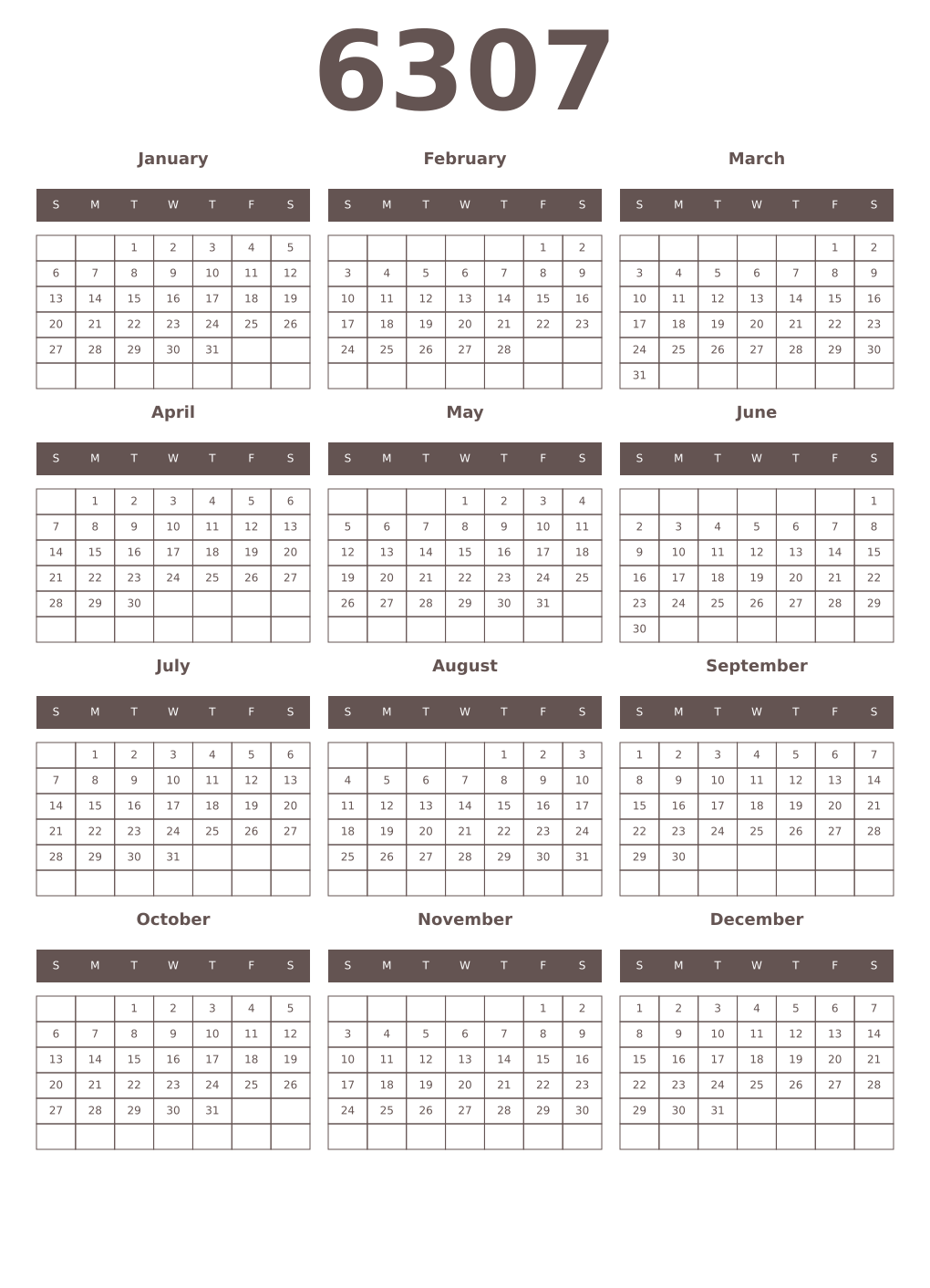 Printable 6307 Year Calendars wenge