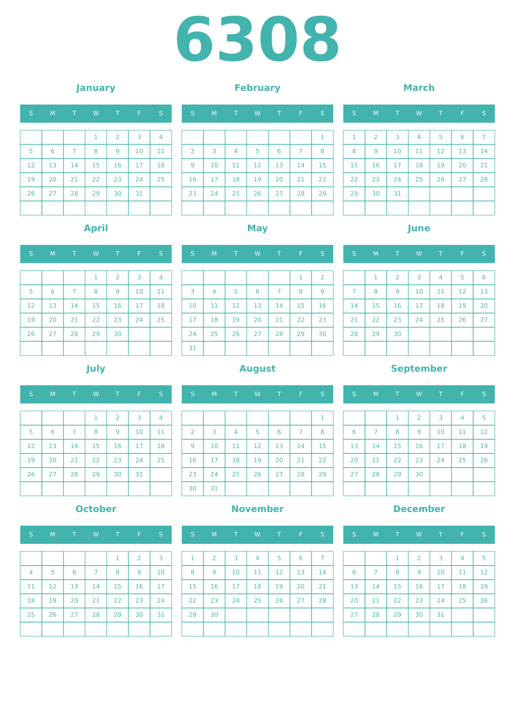 Printable 6308 Year Calendars verdigris