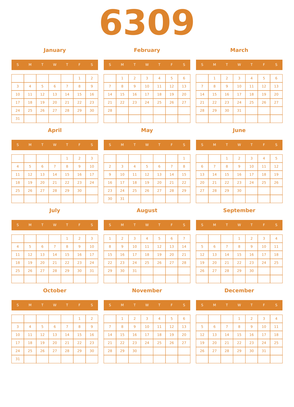 Printable 6309 Year Calendars orange