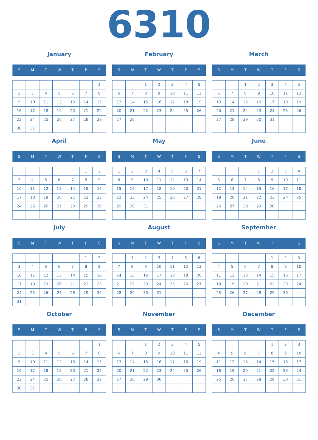 Printable 6310 Year Calendars blue