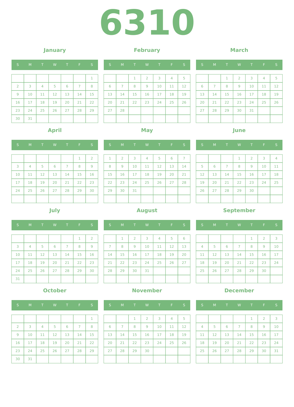 Printable 6310 Year Calendars celadon