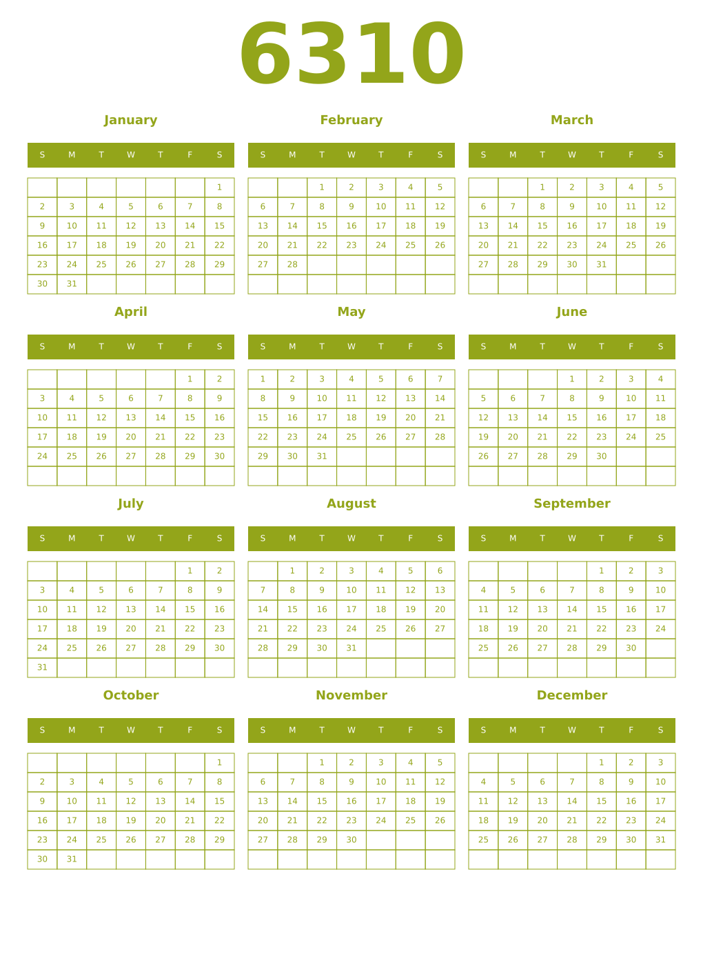 Printable 6310 Year Calendars chartreuse