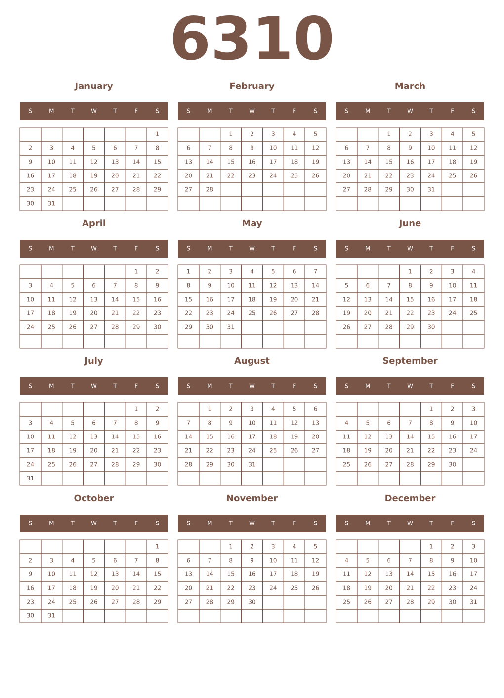 Printable 6310 Year Calendars coffe