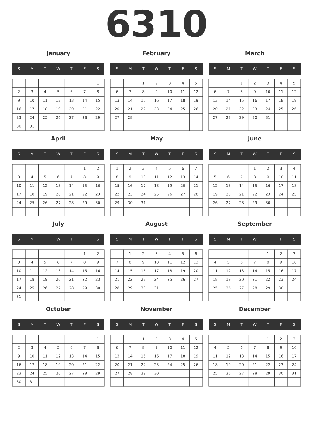 Printable 6310 Year Calendars dark