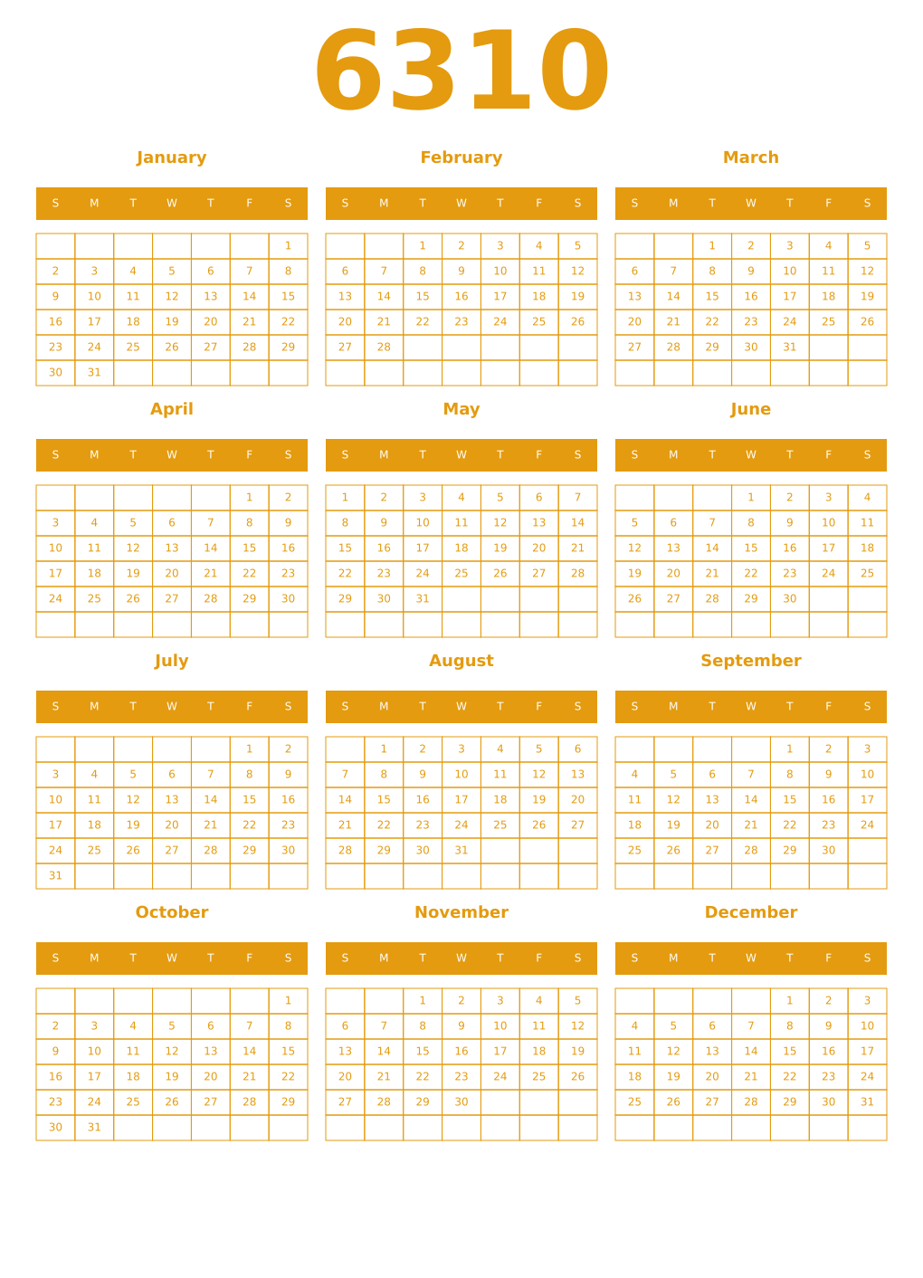 Printable 6310 Year Calendars gamboge