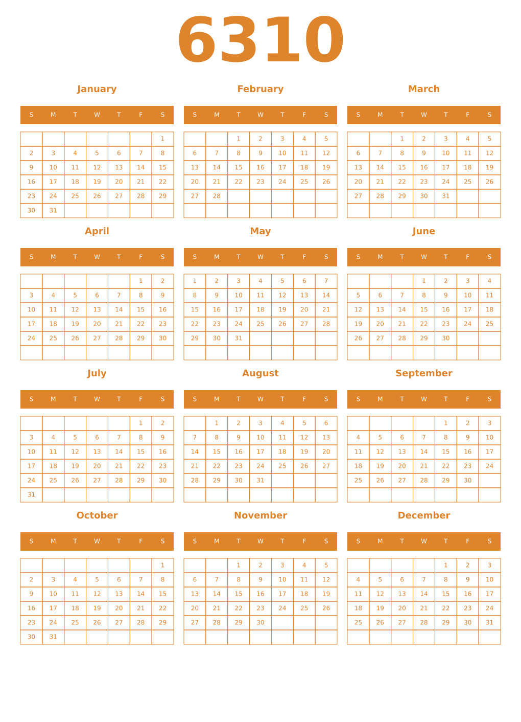 Printable 6310 Year Calendars orange