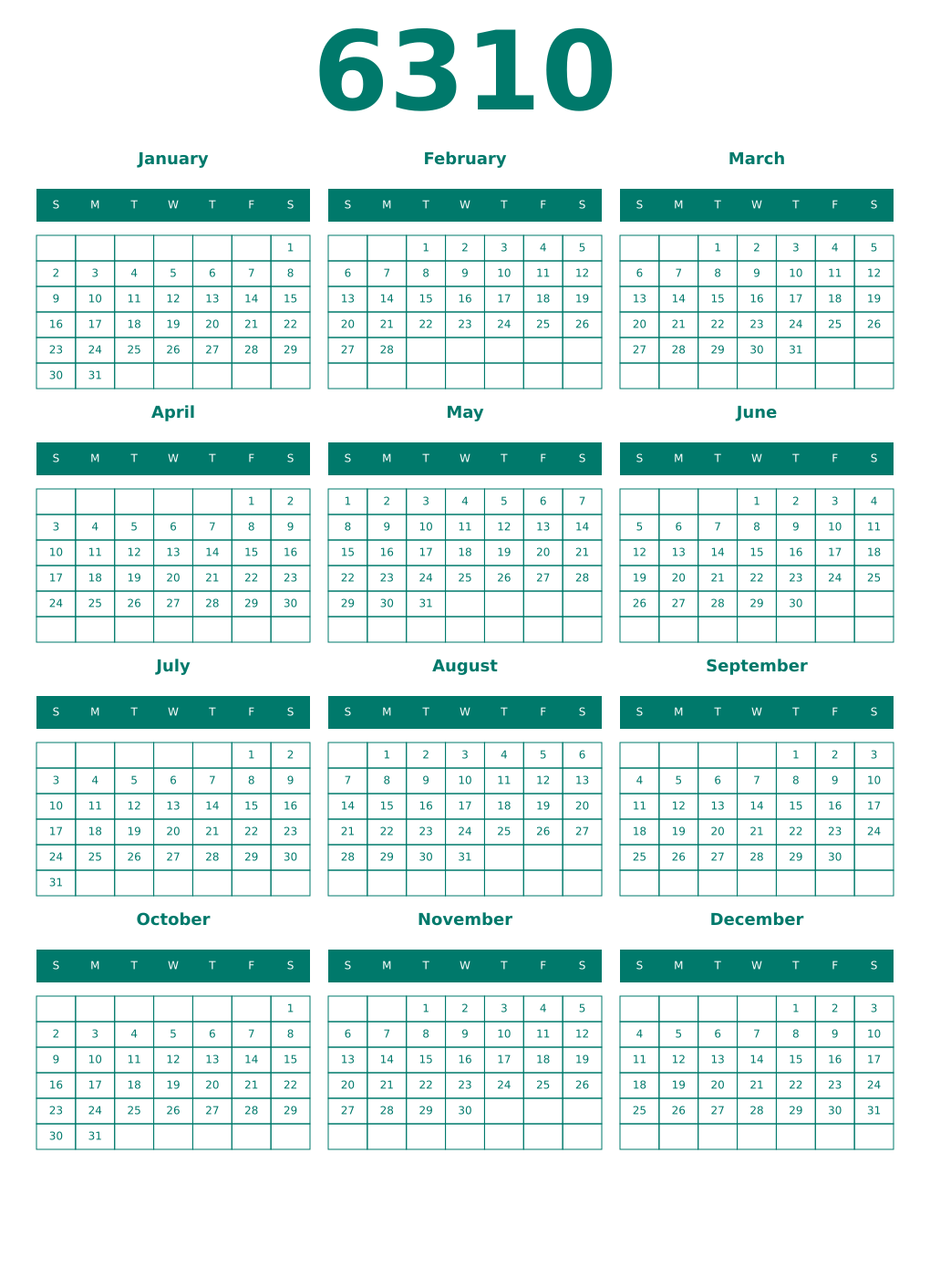 Printable 6310 Year Calendars pastel