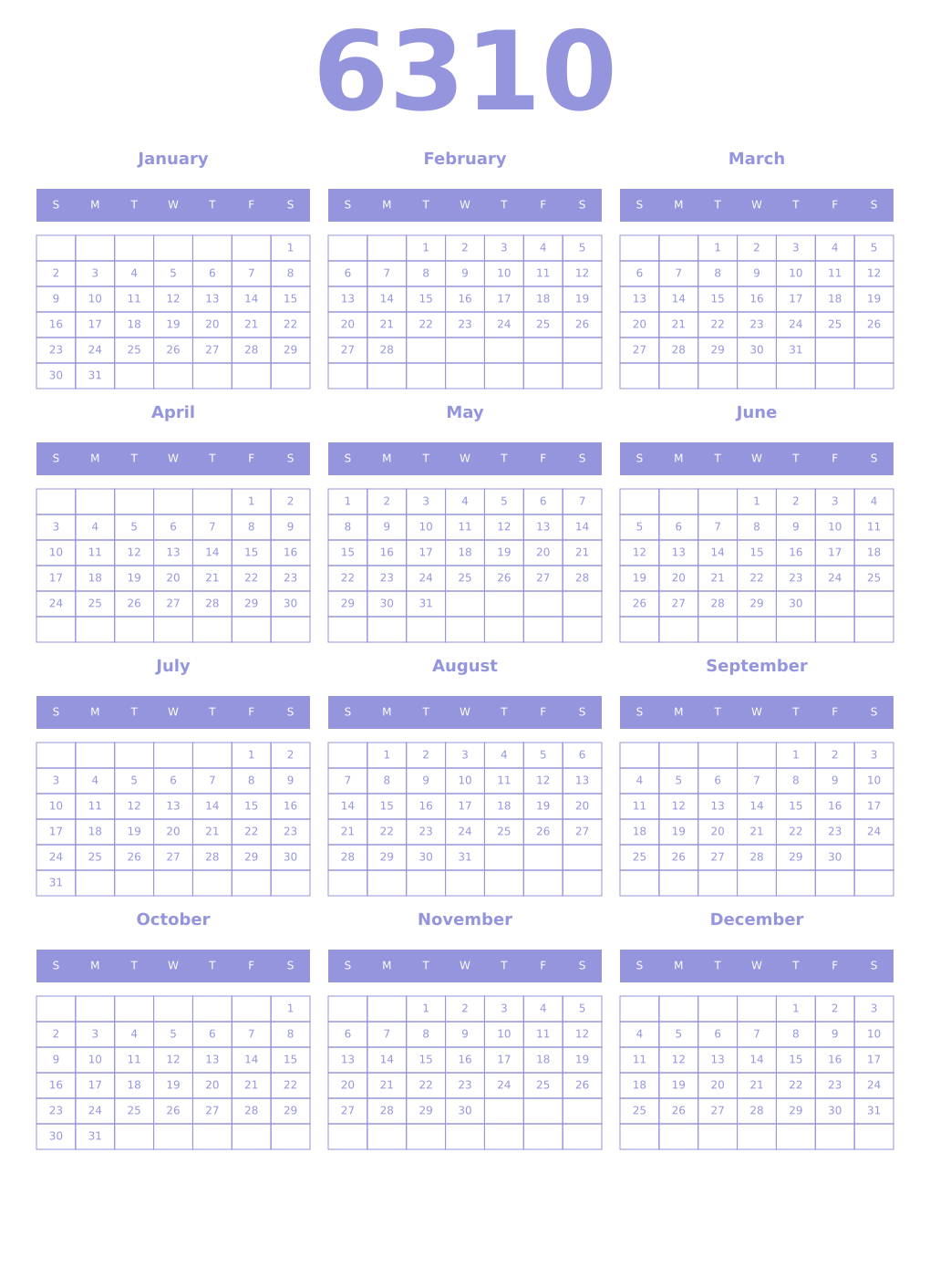 Printable 6310 Year Calendars periwinkle