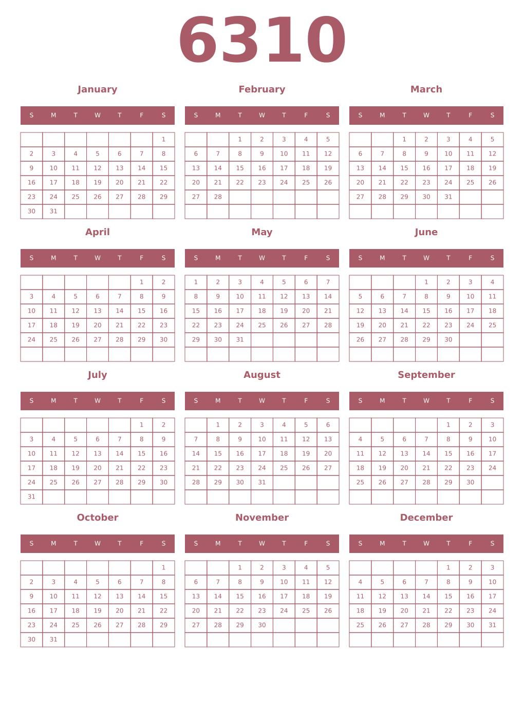 Printable 6310 Year Calendars puce