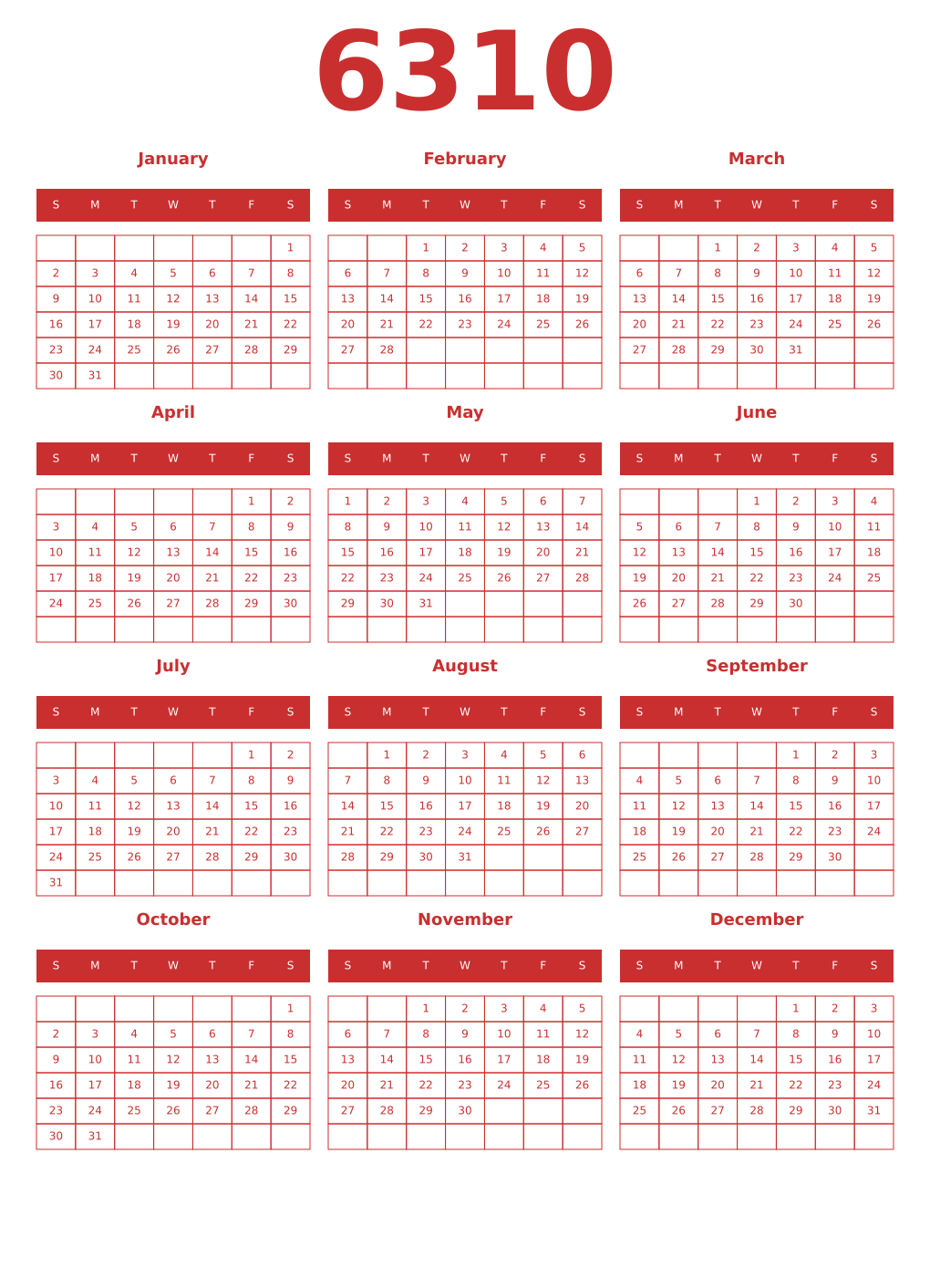 Printable 6310 Year Calendars red