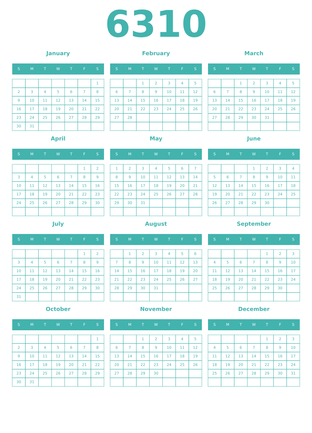 Printable 6310 Year Calendars verdigris
