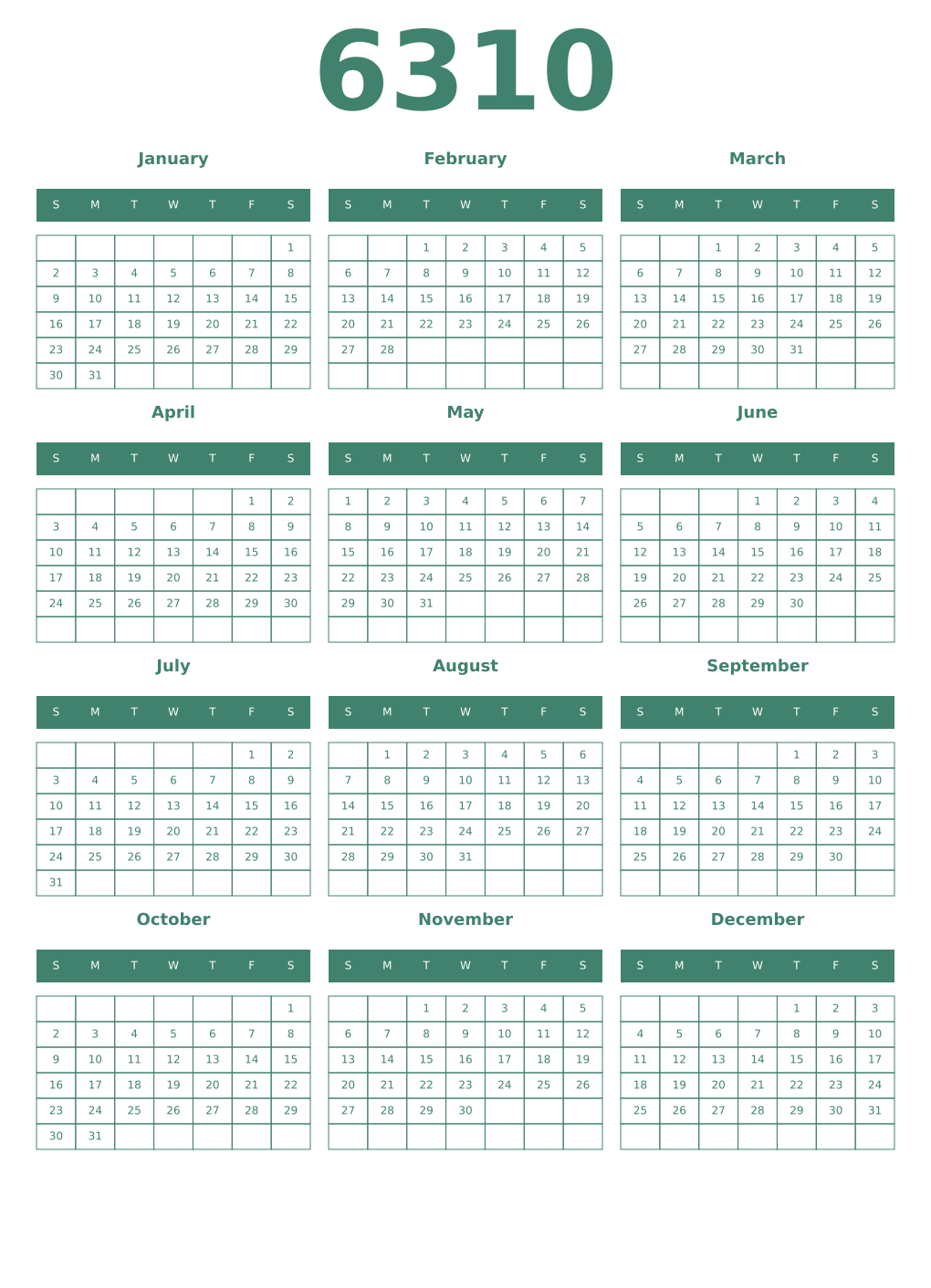 Printable 6310 Year Calendars viridian
